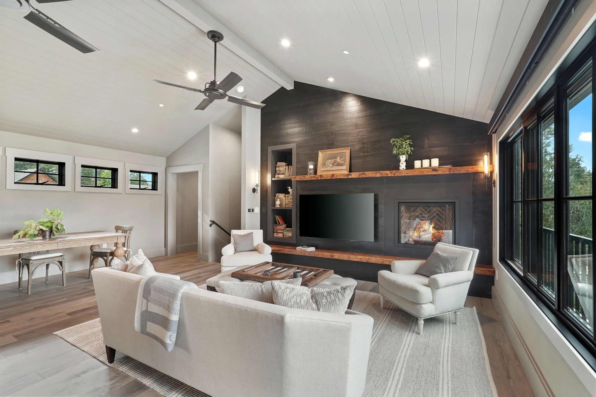 Second Street ADU great room with fireplace wall